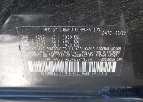 2020 Subaru Impreza 5-Door z USA, uszkodzony, nr VIN 4S3GTAB64L3719574